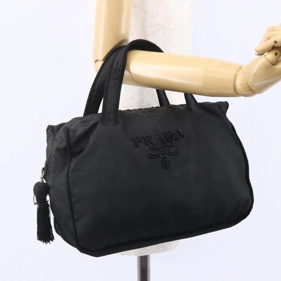 PRADA Beads Fringe Tote Bag Nylon Black Silver Auth bs30470 - Picture 1 of 16